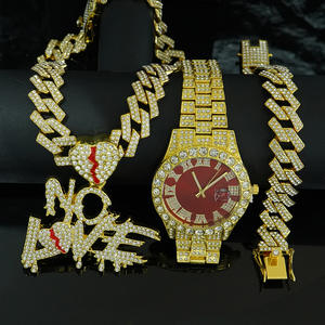 Ensemble de bijoux en alliage d'or et d'argent et strass, style hip-hop, avec pendentif <span class=keywords><strong>NOLOVE</strong></span>, collier, bracelet et montre en quartz rouge, en stock usine - Product Image 2