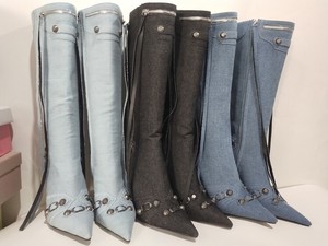 New Denim Material Botas Retro Tassel Trending Stiletto Heel Knee Length Women's <b>Boots</b> - Product Image 6