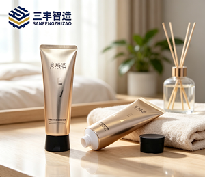 หลอดบีบ PE สีแชมเปญโกลด์แบบขัดเงา พร้อมฝาปิดทรงเหลี่ยมสีดำด้าน สำหรับครีมทามือและน้ำหอม - Product Image 1