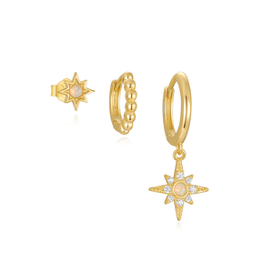 Pendientes de Aro con Estrella de Ocho Puntas, Geométricos, con Perlas y Circonitas, Chapados en Oro de 18k - Product Image 2