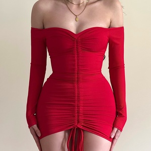 Vestido de Noche Elegante de Manga Larga, Corte Entallado, Plisado, Vestido de Fiesta con Hombros Descubiertos, Vestido de Punto para Mujer - Product Image 1