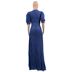 Vestido Maxi Casual de Lino y Mezclilla con Cuello Redondo y Manga Abullonada de Color Liso para Mujer - Novedad al por Mayor - Product Image 6