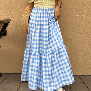 Falda Larga Maxi a Cuadros con Cintura Natural, Estilo Casual de Playa para Vacaciones de Verano - Product Image 4