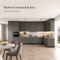 Meuble de cuisine modulaire en bois laqué gris moderne avec éclairage LED intelligent, charnières à fermeture douce, robinet résistant à l'eau, stratifié/marbre