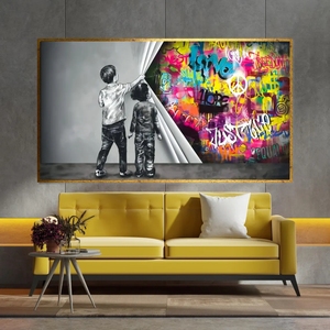 Thế Giới ẩn vải đen trắng trẻ em graffiti vải nghệ thuật đầy màu sắc đường phố tường nghệ thuật vải thiết kế sẵn sàng để treo trang trí - Product Image 3