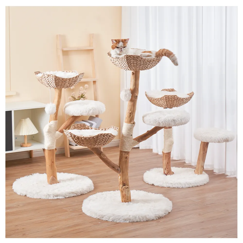 Árvore de gato de escalada em madeira maciça natural de luxo com cor de log personalizada para fornecedores com sisal 100% natural