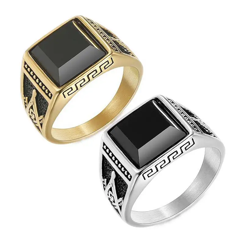 Hoge Kwaliteit Roestvrij Staal Vergulde Zwarte Onyx Masonic Ag Ring Maçonische Vinger Ringen