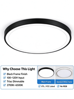 Plafonnier LED noir de 12 pouces, 24W, 1800LM, 2700K-6500K, CRI80+, dimmable par Triac, câblage direct, 120V, FCC ETL