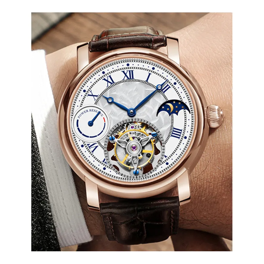 Top Quality Cow Leather Strap Calendar Power Show Moon Phase Men Tourbillon Mechanical Watches