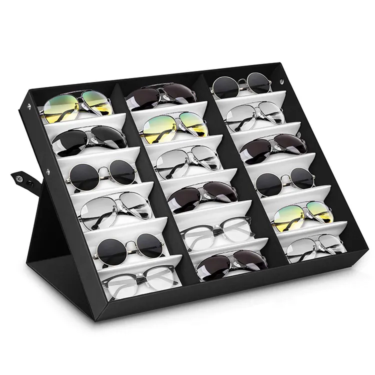 Caja de exhibición de gafas de sol de PU, bandeja de exhibición de gafas con 2x4 ranuras, color negro, venta al por mayor