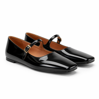 Chaussures plates rétro Mary Jane à bout carré en cuir verni noir brillant, fabriquées à la main en France, semelle intermédiaire en caoutchouc, doublure en cuir véritable, privées
