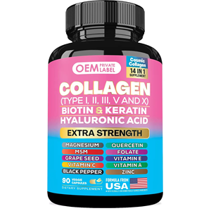 Capsules de Collagène OEM/ODM à <span class=keywords><strong>Prix</strong></span> Usine, Vente Chaude, 14-en-1, Soutien Anti-Âge, Santé des Cheveux, des Ongles et des Articulations, Mélange <span class=keywords><strong>Vital</strong></span> Glow 64000mcg, 60 Capsules - Product Image 1