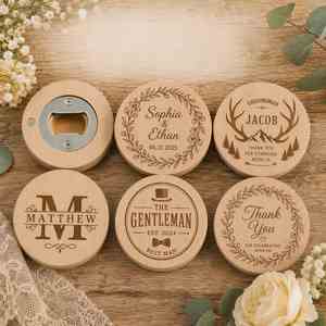 Abridor de Botellas Redondo de Madera con Nombre Grabado Personalizado, Regalo para Padrinos de Boda, Recuerdos para Fiesta de Bodas - Product Image 1