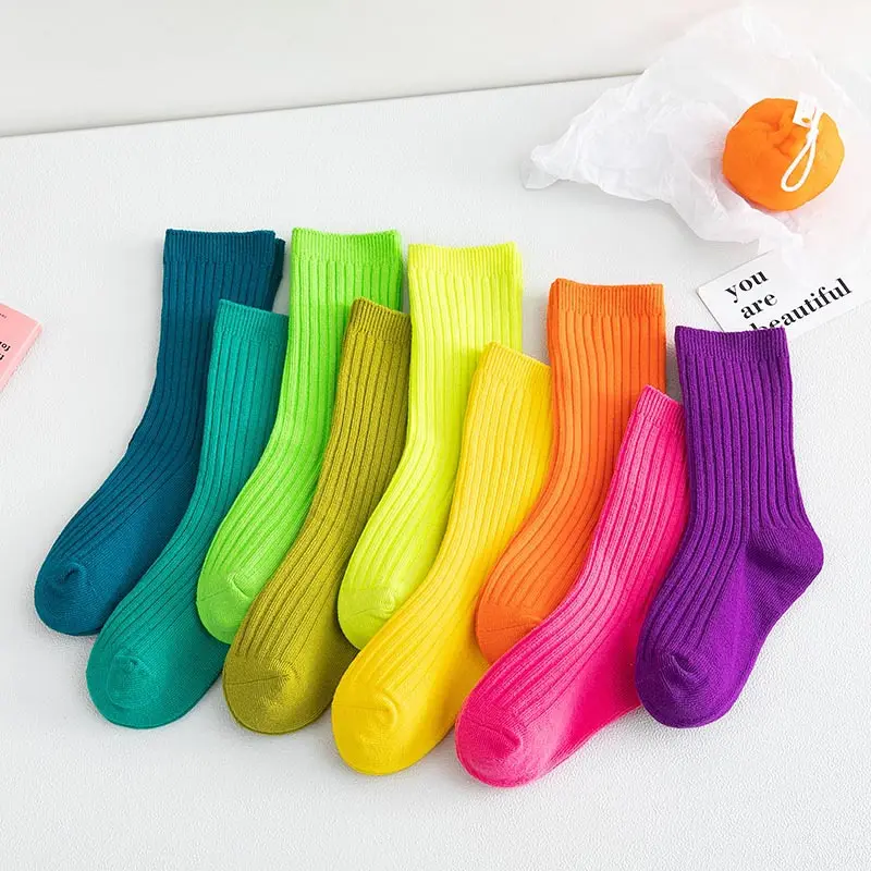 Pure Color Double Needle Children's Socks Japanese Style Rainbow Loose Socks Baby Boys and Girls Middle Tube Socks