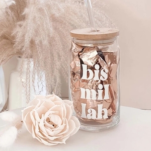 Ramadan <strong>Gifts</strong> <strong>Eid</strong> <strong>Gifts</strong> for Muslims Iced Coffee Cup with Lid and Straw Glass Can Fasting <strong>Eid</strong> <strong>Gift</strong> Bismillah Glass Can Cup - Product Image 1