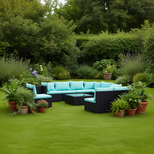 Set Lounge da Giardino in Rattan Nero con Cuscini Blu Acqua, Arredamento Contemporaneo per Esterni, Posti a Sedere per Giardino, Capacità 10+ - Product Image 3