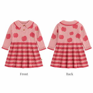 Robe en tricot pour fillette, personnalisée, à manches longues, motif pomme, col Peter Pan, ourlet rayé, robe pull pour enfant - Product Image 3