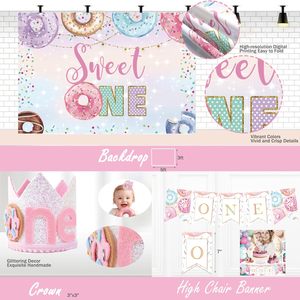 Kit de ballons d'<span class=keywords><strong>anniversaire</strong></span> sur le thème des beignets avec toile de fond Sweet One, bannière de ballons en feuille d'aluminium en forme de beignets, boîtes à ballons, affiche, décoration de gâteau - Product Image 4