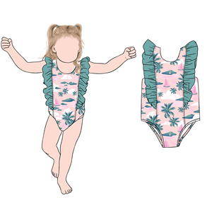 Baju Renang Anak Perempuan Motif Pohon Tropis Desain Baru dengan Ruffle Ganda Satu Potong untuk Liburan Pantai - Product Image 3