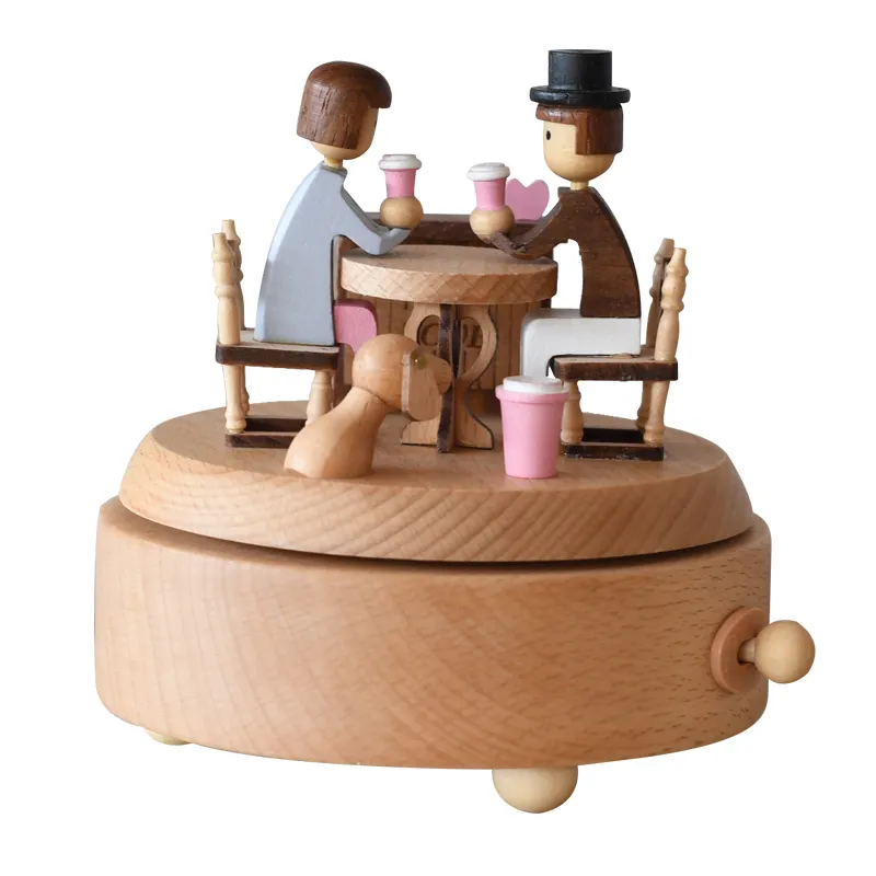 Hot Selling Round Base Wooden Love Story Song Music Box for Girfriend Gifts