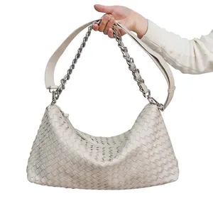 Mulheres Saco Tecido Underarm Cadeia De Metal Trançado Saco Tote Único Ombro Crossbody Bolsa Underarm Bag Simples Tendência Bolsas