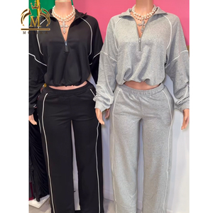 ชุดเซ็ท 2 ชิ้น เสื้อครอปผูกเชือก กางเกงขายาว สำหรับผู้หญิง ฤดูใบไม้ร่วง ฤดูหนาว ชุดออกกำลังกาย ชุดลำลอง - Product Image 1