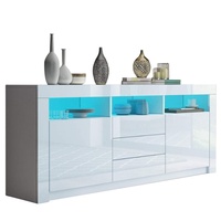 Nouveau Design Buffet Blanc Armoire 2 Portes 3 Tiroirs Haute Brillance Stockage RGB LED buffet en bois