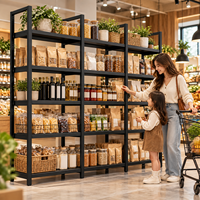 Étagère murale de présentation en métal noir à quatre poteaux ouverts pour supermarché, boutique, librairie et pharmacie