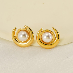 Zogxin Pearl <b>Stud</b> Earrings Gold Half Moon Shape 18K <b>Titanium</b> Steel Bezel Setting Everyday Wear - Product Image 3
