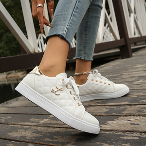 Zapatillas Deportivas Blancas Acolchadas de Piel Sintética para Mujer <span class=keywords><strong>con</strong></span> Detalles Dorados y Cordones, Calzado Informal para Uso Diario - Product Image 3