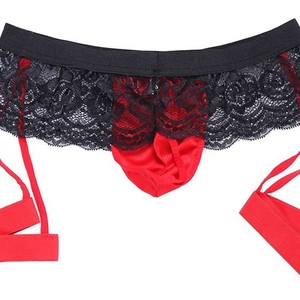 Sous-vêtements en dentelle pour hommes, string noir et rouge, taille moyenne, tissu en polyester, style sexy M1533 - Product Image 4