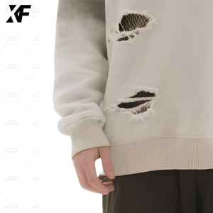 XUFEI Original de alta calidad gris 100% algodón 500g personalizado Vintage lavado cuello redondo pesado en blanco rasgado cuello redondo sudadera - Product Image 3