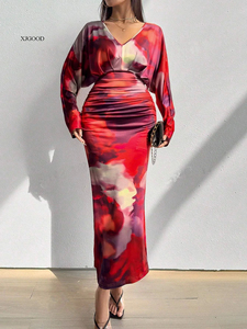 Vestido midi entallado con estampado y cuello en V, manga murciélago, cintura fruncida, ajuste ceñido, informal, para fiesta, tejido - Product Image 6