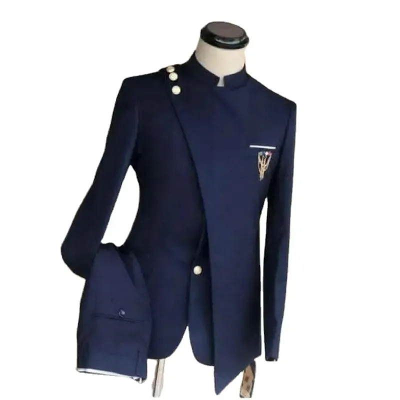 XXS-7XL Designer Navy Blue Men Suits Stand Collar Costume Homme Wedding Tuxedos Groom Prom Slim Fit Blazer 2 Pieces Jacket+pants