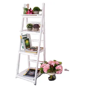 Flower Shelf Plant Stand Pot Rack Display Book 4-Tier Wooden Folding Ladder Storage Unit, White