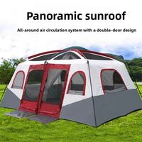 Tente de camping familiale grande capacité avec fenêtres multi-mailles et double chambre pour activités en plein air en forêt