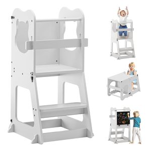 Bambino bianco in legno di apprendimento in piedi torre pieghevole Multi-funzionale bambino torre in piedi con lavagna e rotaie - Product Image 1