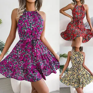 Vestido de verano de gasa sin mangas con estampado floral, informal