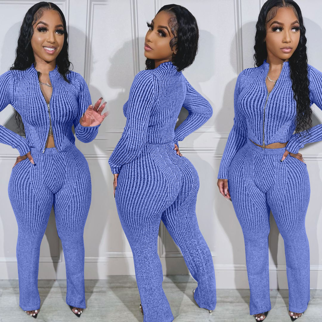 New Knit Casual 2 Piece Set Outfit Women Solid Zip Slim Crop Top and Flare Pants Two Piece Set Women Clothing · image 4