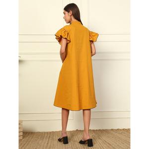 Solid Cotton Floral Print <b>Dress</b> Women's Collared Neck Short Frilled Sleeves Loose Fit High Low Pockets Summer Western Party - Product Image 3