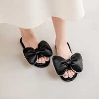 Chaussons d'intérieur élégants pour femmes en satin, avec bordure perlée, grande décoration nœud, semelle intérieure matelassée et rembourrée, souples et plats, pour fêtes