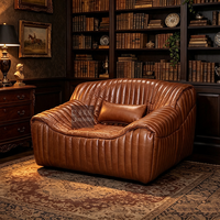 Canapé d'angle vintage en cuir véritable pour salon et appartement, style français, avec cannelures verticales, idéal pour la détente au sol