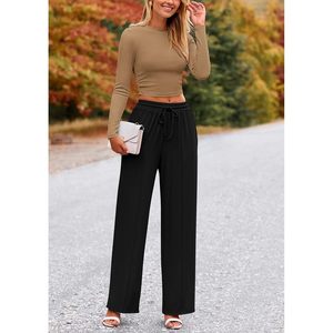 Conjunto de 2 Piezas para Mujer FOXA, Top Corto de Manga Larga y Pantalones Anchos, Conjunto Combinado de Tela Acanalada para Primavera y Otoño - Product Image 5