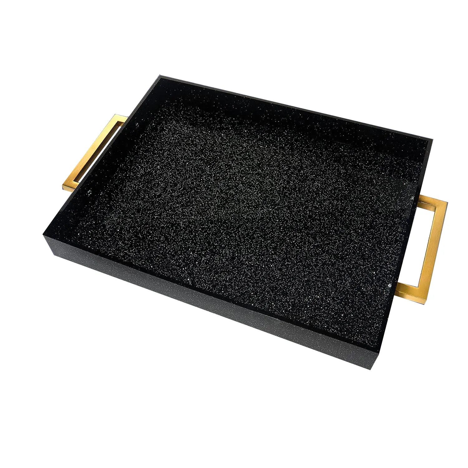 Werksverkauf Custom ized Black Glitter Acryl Vanity Organizer Serviert ablett mit Gold griffen