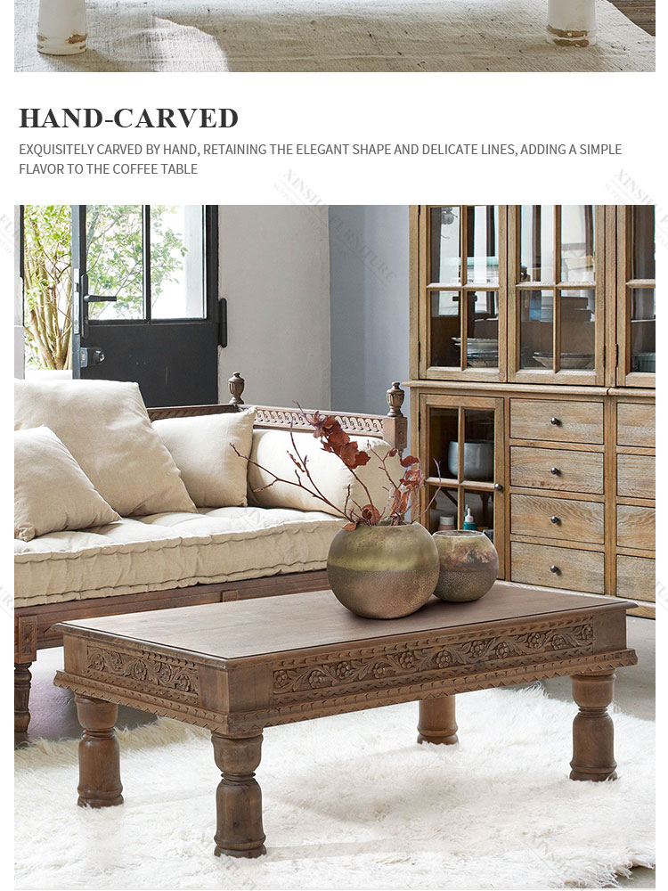 New French country coffee table white retro style dilapidated solid wood birch carved long coffee table