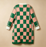 Ensemble 2 pièces pour femmes, tenues d'automne et d'hiver, pulls en tricot jacquard à carreaux rose et vert, cardigan long à ouverture sur le devant avec perles