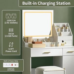 Caja de almacenamiento de maquillaje de tocador blanca con 3 <span class=keywords><strong>cajones</strong></span> Silla cómoda Toma de corriente Soporte para secador de pelo Iluminación LED de 3 colores para dormitorio - Product Image 4
