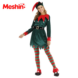Womens Christmas <b>Elf</b> <b>Costume</b> Green Velvet Outfit With Striped Tights Holiday Party Carnival Role Play Festive <b>for</b> <b>Adult</b> - Product Image 3