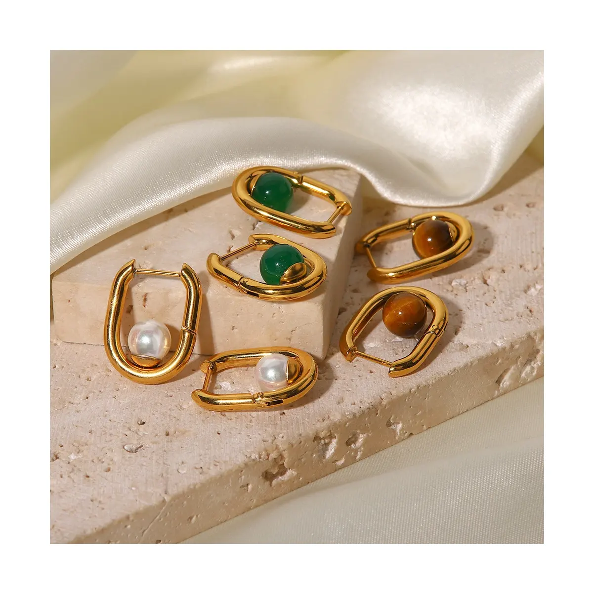 Hanpai women pearl natural agate earring vintage gold filled hoop earrings stainless steel geometric earrings