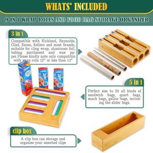 Bamboo <b>Kitchen</b> Plastic <b>Wrap</b> Storage Box Wall Mounted Wooden Organizer With Cutter For Food Bags And Cling Film - Product Image 4